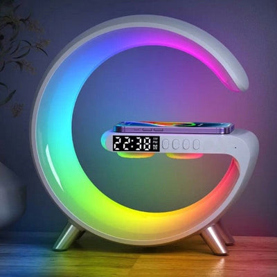 Lampa Moon RGB cu ceas cu alarma, lumina si sunet, difuzor Bluetooth si incarcator rapid wireless