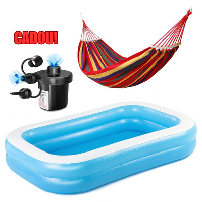 Pachet promotional Piscina Gonflabila cu 2 inele + Hamac din bumbac, dimensiuni 200 x 150 X 55 cm + Pompa electrica CADOU